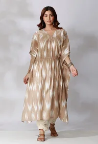 Beige Ikkat Side Tie Up Kaftan Kurta image 3