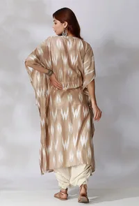 Beige Ikkat Side Tie Up Kaftan Kurta image 4