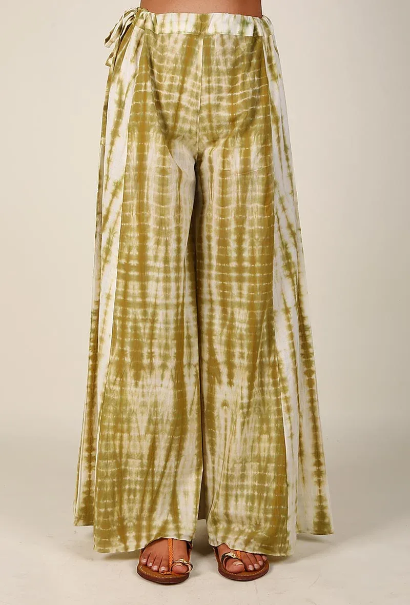 Olive Green And White Tie & Dye Cotton Palazzo