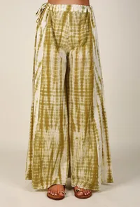 Olive Green And White Tie & Dye Cotton Palazzo image 1