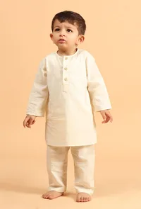 Set Of 3: Neil Off White Cotton Kurta, Pyjama & Khaki Ajrakh Print Jacket image 3