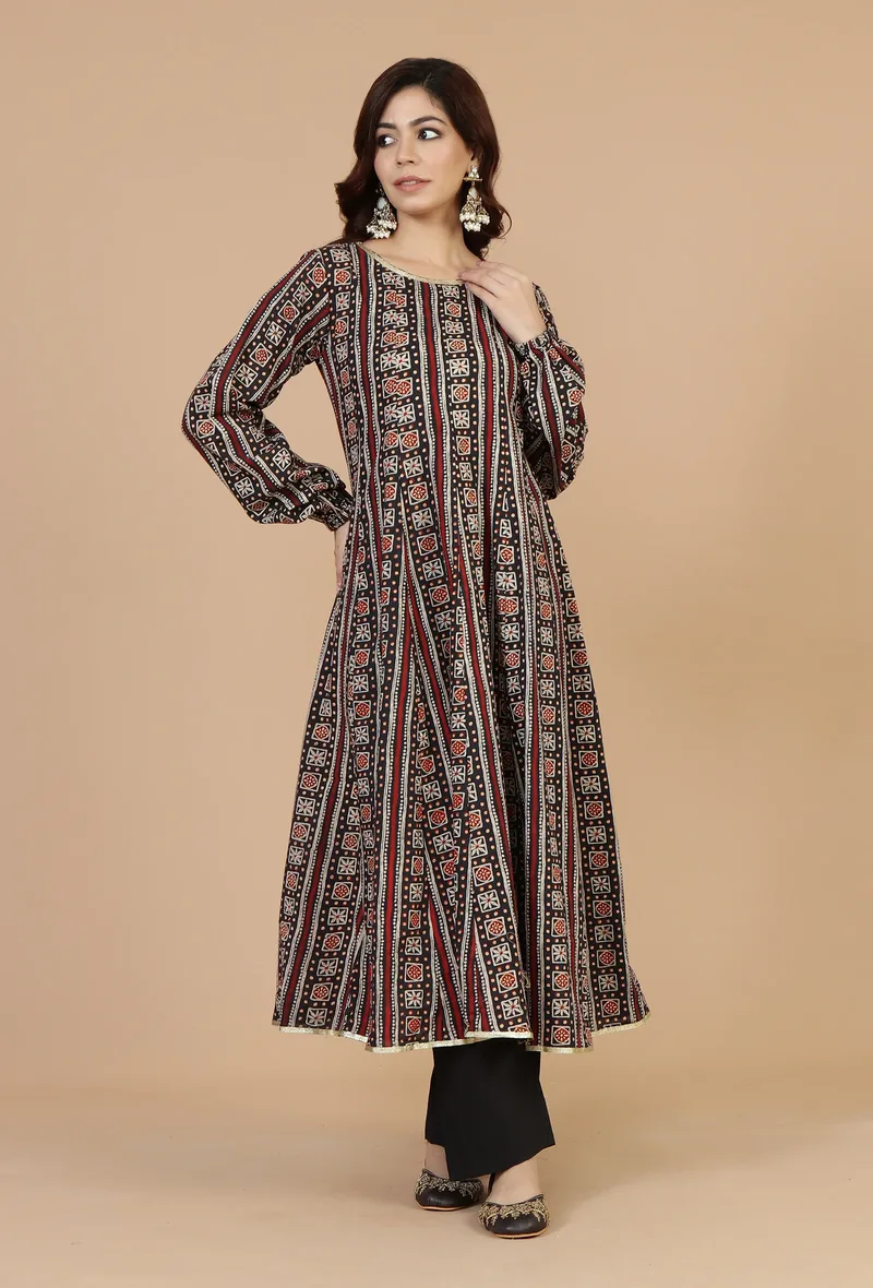 Ajrakh-Inspired Flared Cotton Kurta with Lace Detailing - Black & Beige