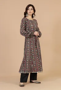 Ajrakh-Inspired Flared Cotton Kurta with Lace Detailing - Black & Beige image 2