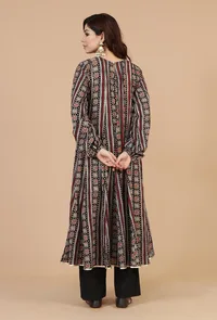 Ajrakh-Inspired Flared Cotton Kurta with Lace Detailing - Black & Beige image 4