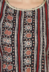 Ajrakh-Inspired Flared Cotton Kurta with Lace Detailing - Black & Beige image 5