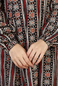 Ajrakh-Inspired Flared Cotton Kurta with Lace Detailing - Black & Beige image 6