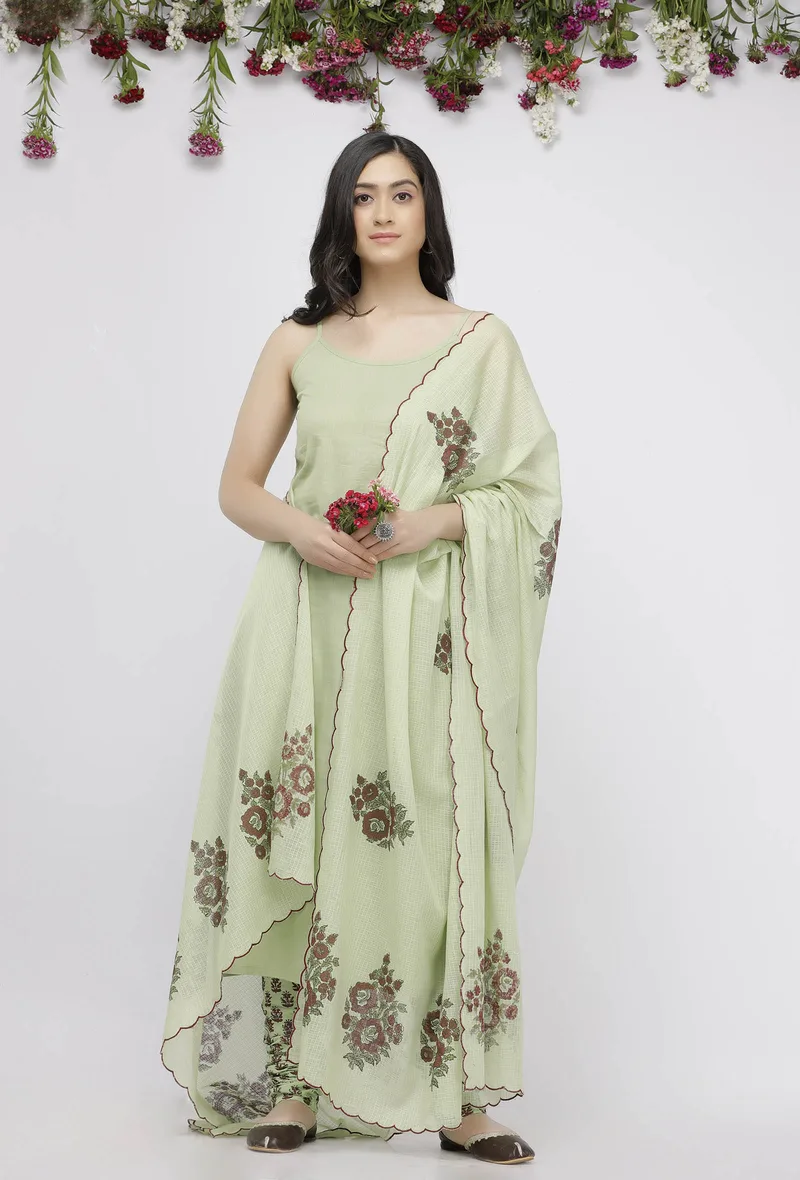 Light Green Kota Hand-Block Printed Dupatta with a scalping finish