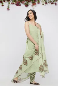 Light Green Kota Hand-Block Printed Dupatta with a scalping finish image 2