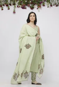 Light Green Kota Hand-Block Printed Dupatta with a scalping finish image 3