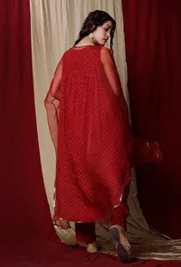 Set of 3:Maroon Cotton Kurta and Pants with Organza Cape image 4