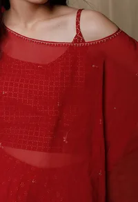 Set of 3:Maroon Cotton Kurta and Pants with Organza Cape image 5