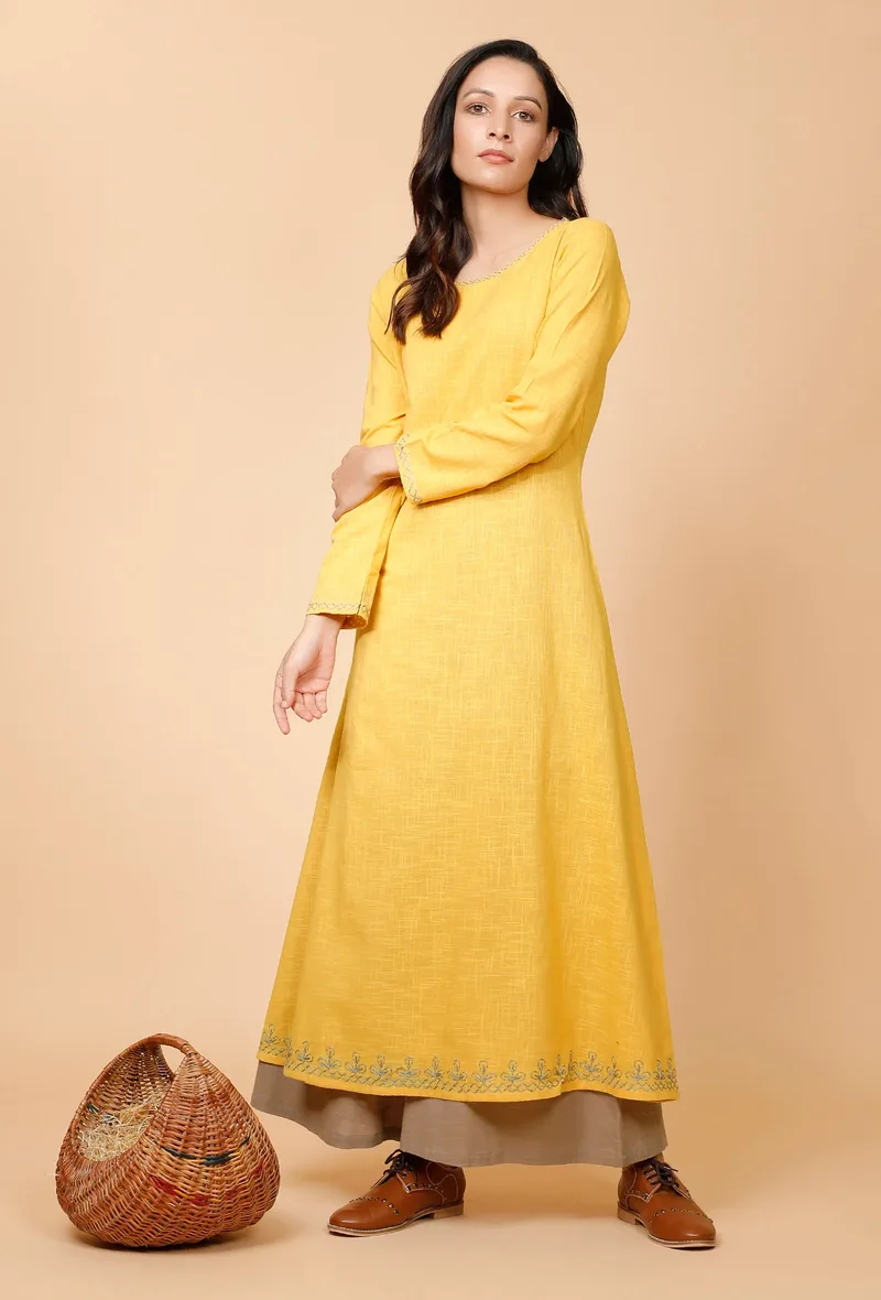 Yellow A-Line Cotton Kurta