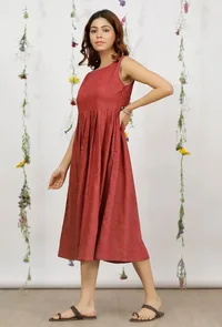 Carmine Red Khadi Cotton Sleeveless Flared Dress image 2