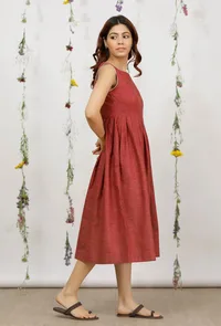 Carmine Red Khadi Cotton Sleeveless Flared Dress image 3