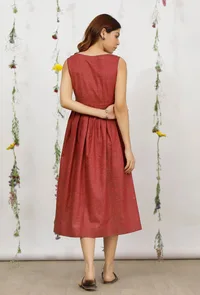 Carmine Red Khadi Cotton Sleeveless Flared Dress image 4