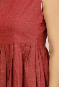 Carmine Red Khadi Cotton Sleeveless Flared Dress image 6