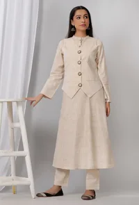 Set of 3: Golden Yellow Khadi Blazer With Kurta and Pants image 1