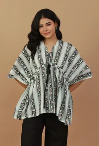 Printed Cotton Kaftan Top with Drawstring image 1