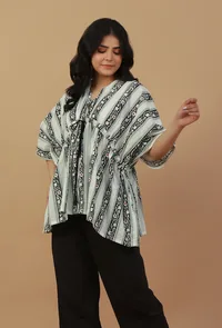 Printed Cotton Kaftan Top with Drawstring image 2