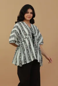 Printed Cotton Kaftan Top with Drawstring image 3
