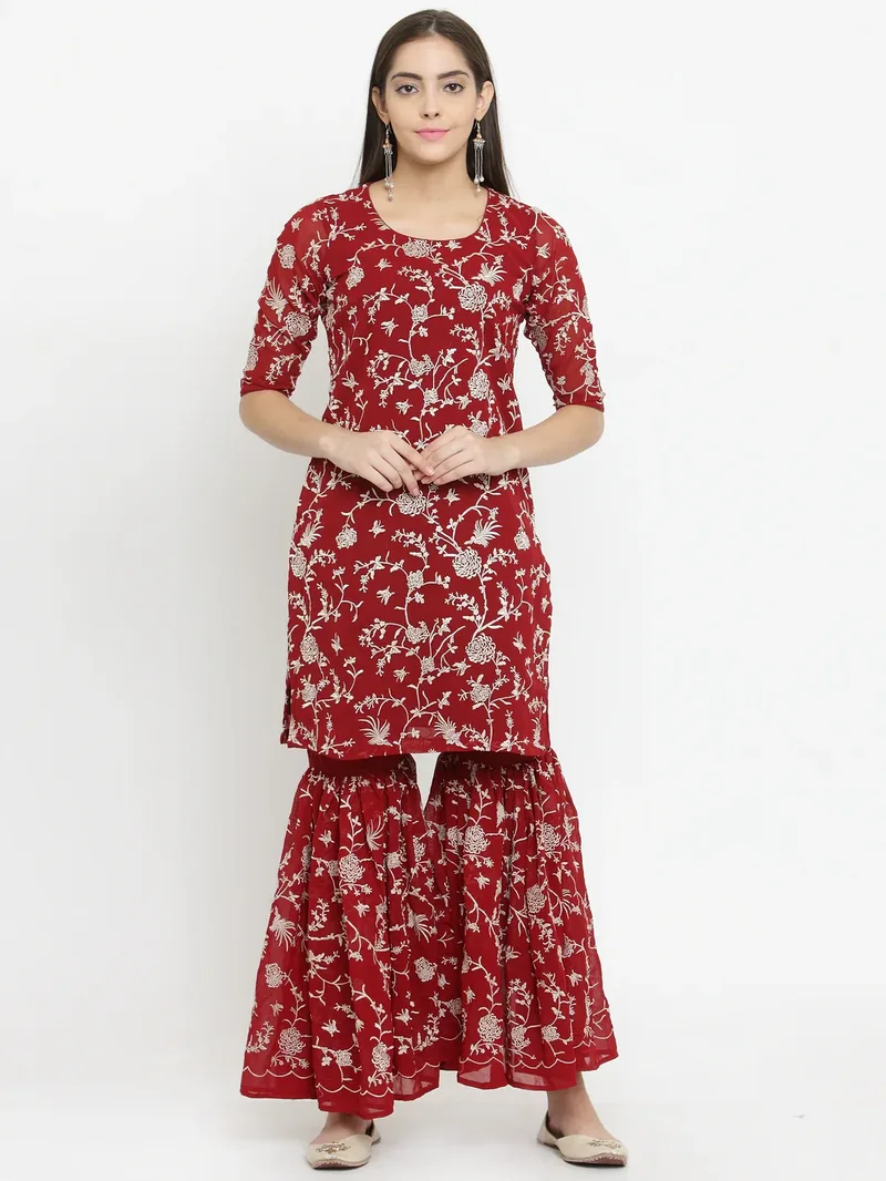 Set Of Maroon Parsi Embroidered Kurta WIth Sharara