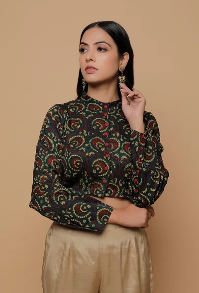 Bottle Green Printed Mashru Full Sleeves  Shirt Blouse
