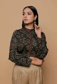 Bottle Green Printed Mashru Full Sleeves  Shirt Blouse image 1