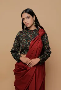 Bottle Green Printed Mashru Full Sleeves  Shirt Blouse image 2