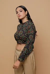 Bottle Green Printed Mashru Full Sleeves  Shirt Blouse image 3