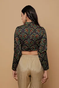 Bottle Green Printed Mashru Full Sleeves  Shirt Blouse image 4