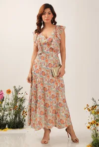 Amala Floral Chintz Ruffled Long Dress With Back Tie Up Details image 1