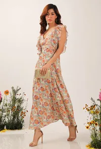 Amala Floral Chintz Ruffled Long Dress With Back Tie Up Details image 2