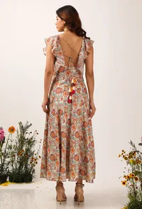 Amala Floral Chintz Ruffled Long Dress With Back Tie Up Details image 4