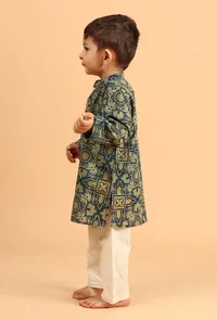 Divij Indigo Ajrakh Print Cotton Kurta & Off White Pyjama image 2