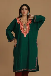 Forest Green Phiran with Peach and Coral Aari Embroidery- Free Size image 1