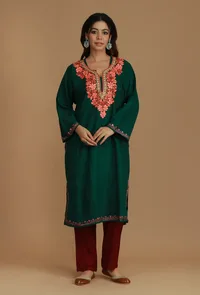 Forest Green Phiran with Peach and Coral Aari Embroidery- Free Size image 2