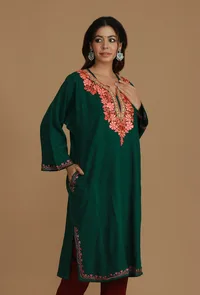 Forest Green Phiran with Peach and Coral Aari Embroidery- Free Size image 3