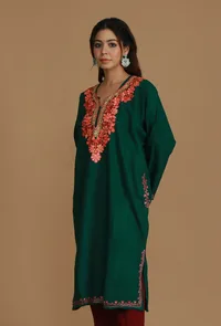 Forest Green Phiran with Peach and Coral Aari Embroidery- Free Size image 4