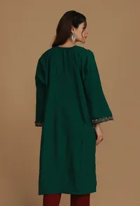 Forest Green Phiran with Peach and Coral Aari Embroidery- Free Size image 5