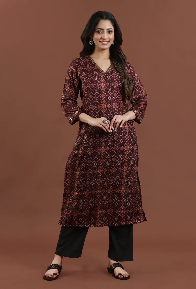 Set of 2: Elegant Rust Maroon Patola Print Tussar Silk Kurta Set with Solid Black Shantoon Pants Set