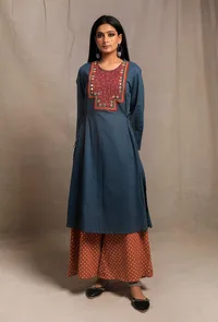 Agen Blue Front Embroidered side Knotted Kurta image 1