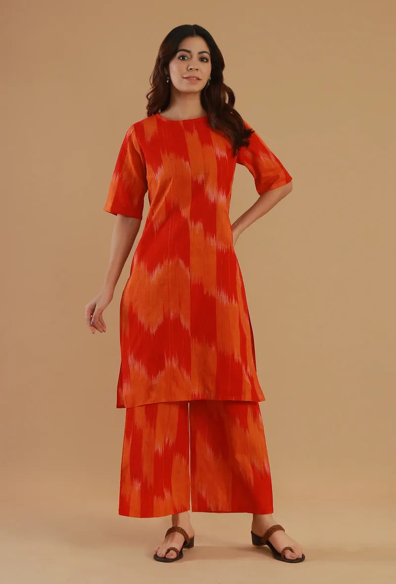Orange Ikat Cotton Straight Kurta