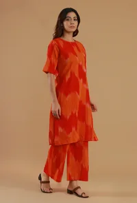Orange Ikat Cotton Straight Kurta image 2