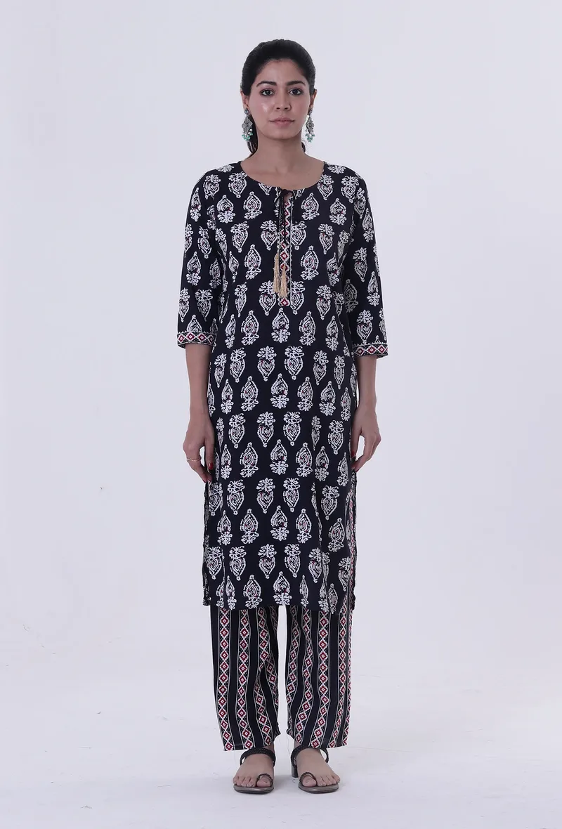 Black Cotton Rayon Kurta