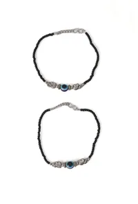 Pair of German Silver Anklets with Elephant Charm, Evil Eye, and Black Beads image 1