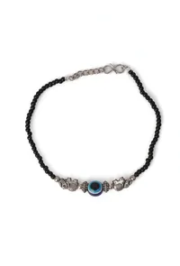 Pair of German Silver Anklets with Elephant Charm, Evil Eye, and Black Beads image 2