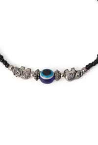 Pair of German Silver Anklets with Elephant Charm, Evil Eye, and Black Beads image 3