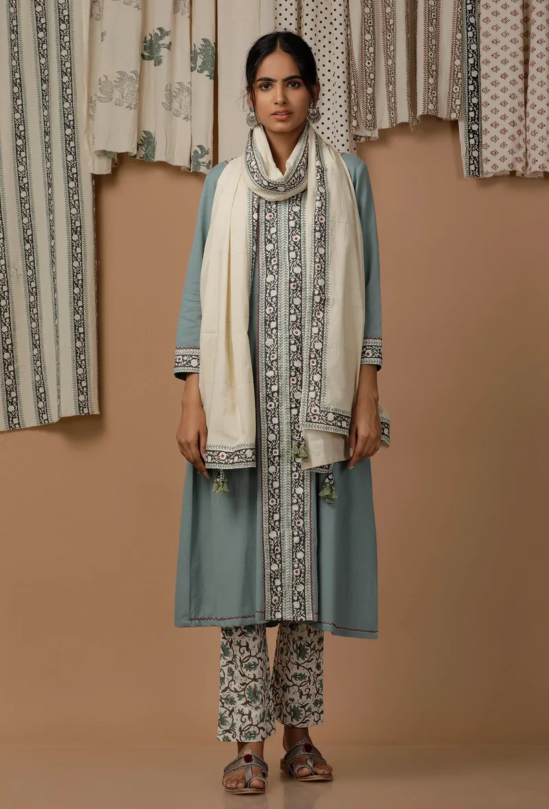 Set of 3 : Light Blue Cotton Handblock Flex Kurta with Pants and Dupatta
