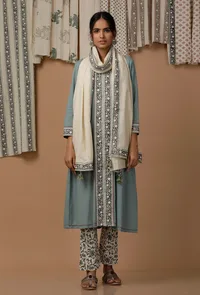 Set of 3 : Light Blue Cotton Handblock Flex Kurta with Pants and Dupatta image 1