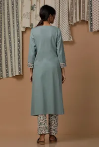 Set of 3 : Light Blue Cotton Handblock Flex Kurta with Pants and Dupatta image 3